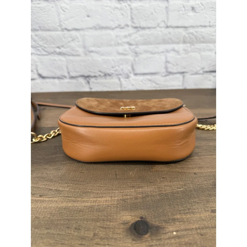 Michael Kors Tan Leather Suede Saddle Crossbody Bag Gold Chain Logo Brown Small